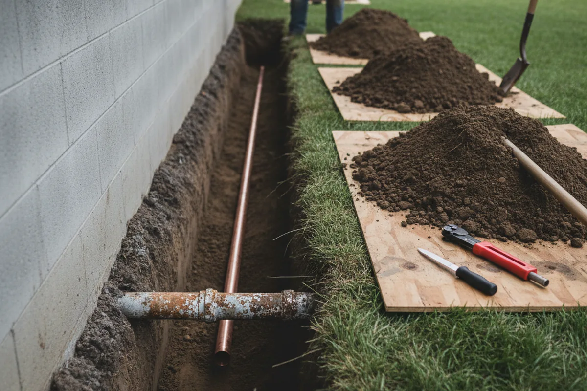 Excavated water line trench during Sewer Line Repair in Rockford
